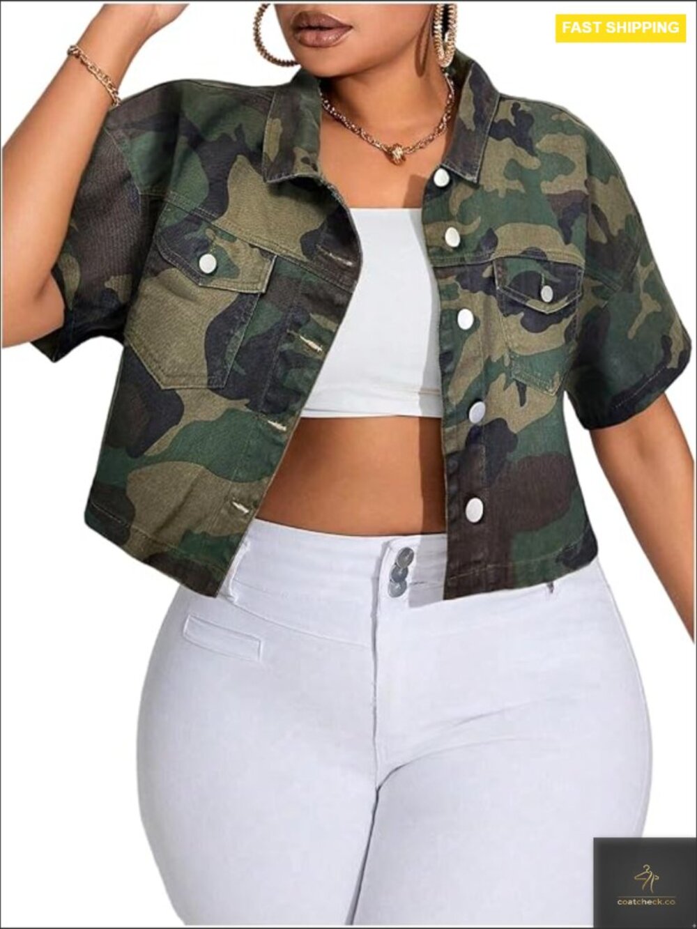 Plus Size Camo Print Crop Denim Jacket Button Down Short Sleeve Jean Coat Y2K
